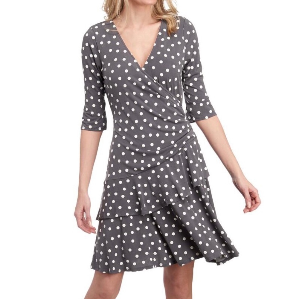Polka Dot Ruched Ruffle Dress by Robbie Bee Grey & White BNWT
